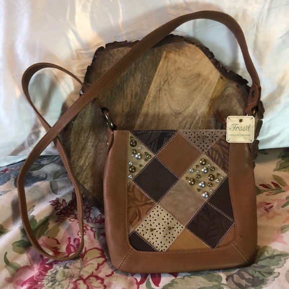 FOSSIL Journey patchwork Crossbody LEATHER Multi-Brown & Hardware Finishes NEW - Picture 2 of 16